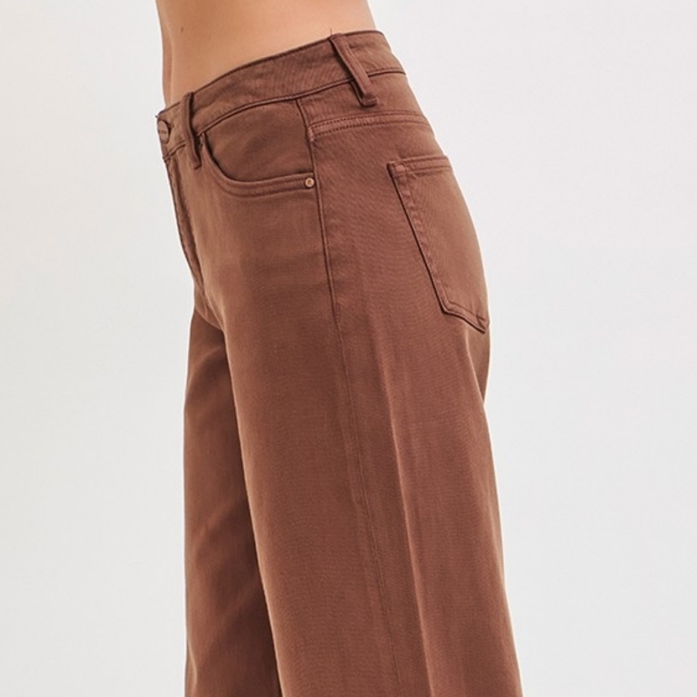 RISEN Mid-Rise Tummy Control Barrel Jeans Baggy Leg Rolled Hem Denim Pants Brown - Picture 6 of 16